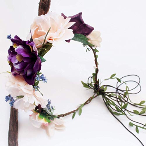 YnimioAOX Handmade Adjustable Flower Wreath Headband Halo Floral Crown Garland Headpiece,D11-purple/light pink - Image 5