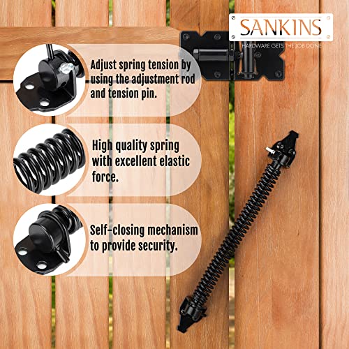 SANKINS 14" Gate Spring Self Closing Heavy Duty Outdoor Door Spring Automatic Metal Gate Closure Hardware with Adjustable Tool for Wooden and Vinyl Fence, Black, 2 Pcs - Image 2