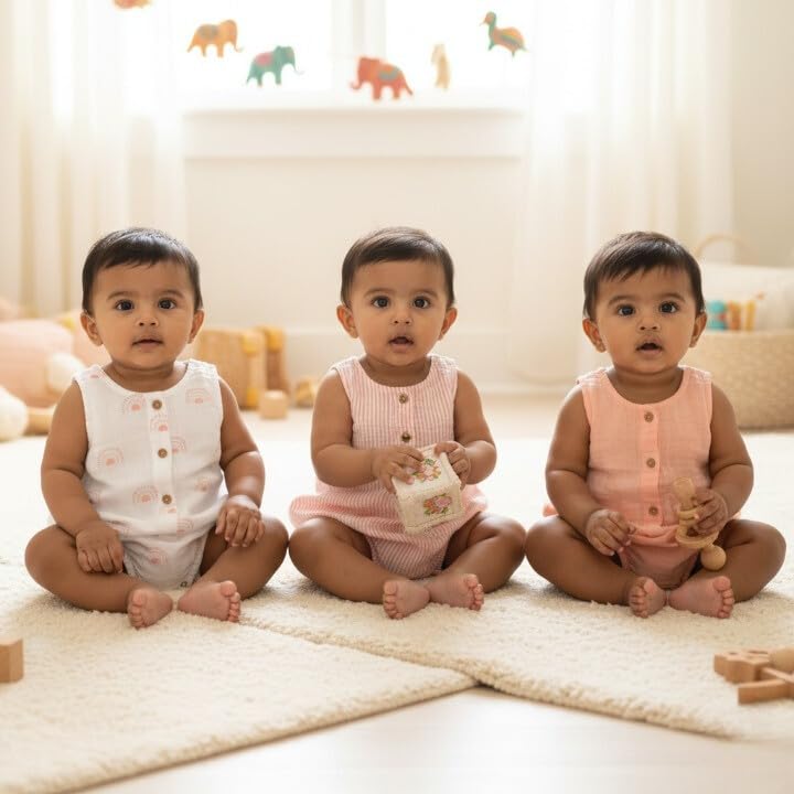 Masilo 100% Organic Cotton Baby Romper Multipack/Set of 3 Infant Wear/Soft and Comfortable Newborn Clothing/Print, Solid and Striped Front Buttoned Bodysuit/Onesies - Rainbow - Image 2