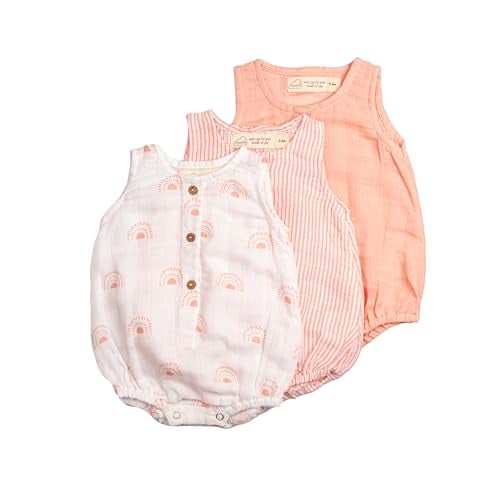 Masilo 100% Organic Cotton Baby Romper Multipack/Set of 3 Infant Wear/Soft and Comfortable Newborn Clothing/Print, Solid and Striped Front Buttoned Bodysuit/Onesies - Rainbow - Image 1