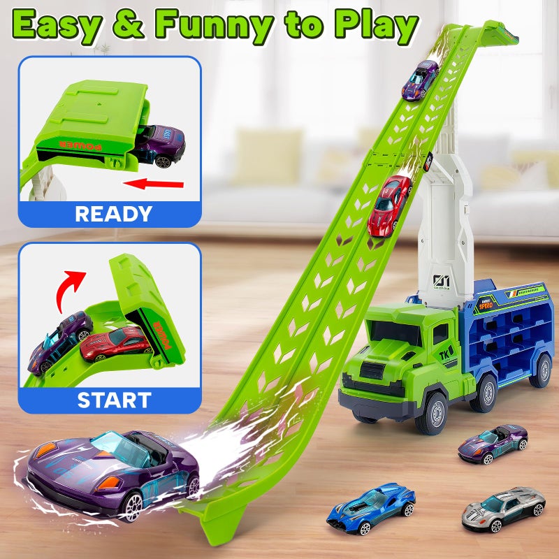 BainGesk Truck Toys Car for 3, 4, 5, 6 Years Old Boys, Carrier Race Truck Toys, Foldable 2 Layer Transport Car Toys with 27 in Race Track and 6 Metal Cars, Birthday Gifts for Toddler Boys Girls - Image 2