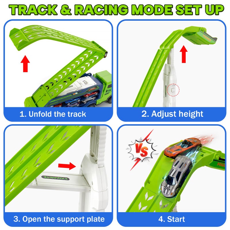 BainGesk Truck Toys Car for 3, 4, 5, 6 Years Old Boys, Carrier Race Truck Toys, Foldable 2 Layer Transport Car Toys with 27 in Race Track and 6 Metal Cars, Birthday Gifts for Toddler Boys Girls - Image 4