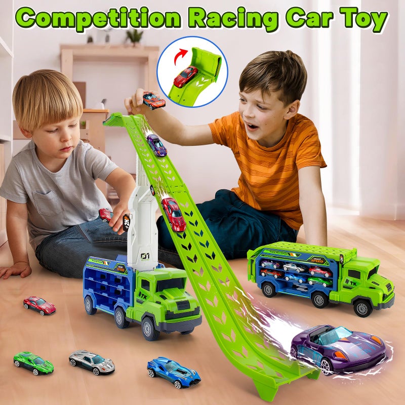 BainGesk Truck Toys Car for 3, 4, 5, 6 Years Old Boys, Carrier Race Truck Toys, Foldable 2 Layer Transport Car Toys with 27 in Race Track and 6 Metal Cars, Birthday Gifts for Toddler Boys Girls - Image 5