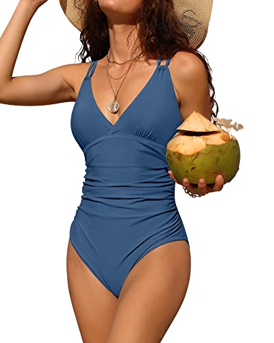 Charmo Tummy Control One Piece Swimsuits for Women Ruched Bathing Suit Strappy Monokini Blue Slate Small - Image 1