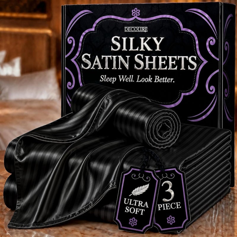 DECOLURE Satin Bed Sheets - 3 Piece Luxury Silky Twin Size Bedding Set - Softer Than Silk, Wrinkle-Free with 15” Deep Pocket Fitted Sheet, Perfect for Hair & Skin, Gifts for Women (Striped Black) - Image 1