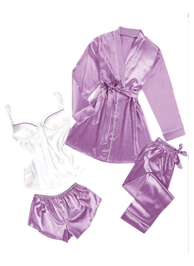 Women's Satin Pajama Sets, 4 Piece of Long and short Sleepwear, Cami Top and Robe. - pzsku/ZFEB9112EDA9654C25386Z/45/_/1708005747/2e804a9c-cb40-4056-8a82-28a6381f00ff