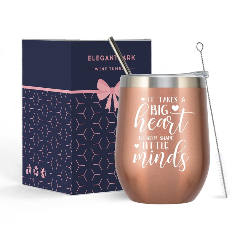 ELEGANTPARK Teacher Tumbler Teacher Gifts for Women Birthday Valentines Graduation End of Year Christmas Appreciation Gifts Stainless Steel Wine Tumbler with Lid and Straw 12 OZ Rose Gold