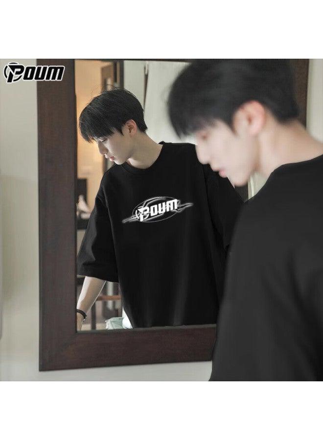 Poum Hong Kong Style Pure Cotton T-shirt For Men And Women, Summer Trendy Loose Casual Inner Wear Short Sleeve Tee Ph09 Black S - Image 1