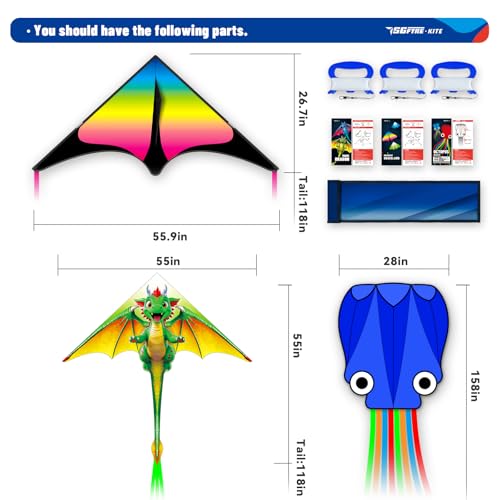SGftre 3 Piece Set Butterfly Delta Octopus Kites for Kids and Adults，Easy to Fly for Outdoor Adults Children Line Kite for Kids Toy (Green Dragon+ Delta+Octopus Blue, 3) - Image 4