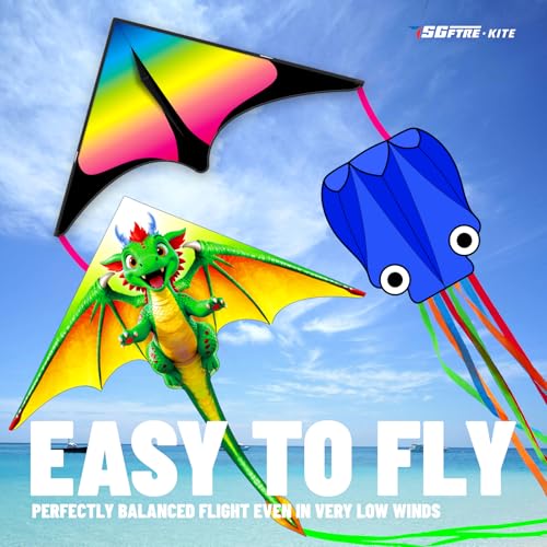 SGftre 3 Piece Set Butterfly Delta Octopus Kites for Kids and Adults，Easy to Fly for Outdoor Adults Children Line Kite for Kids Toy (Green Dragon+ Delta+Octopus Blue, 3) - Image 3