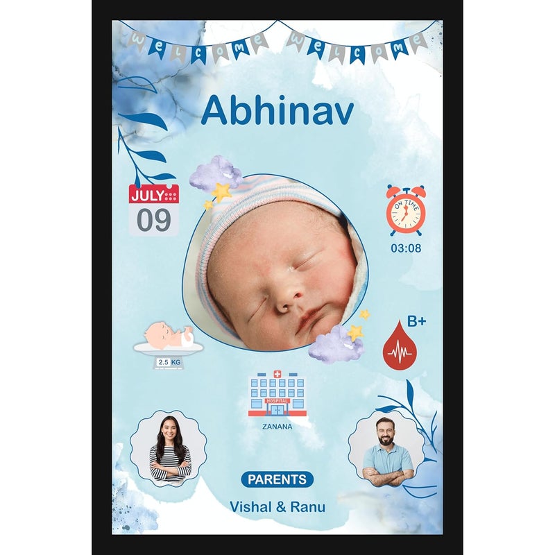 Mad Masters Customized Collage New Born Baby Photo Frame with Photo Upload for Boy or Girl with Parents and Birth Details Blue Boy - Image 1
