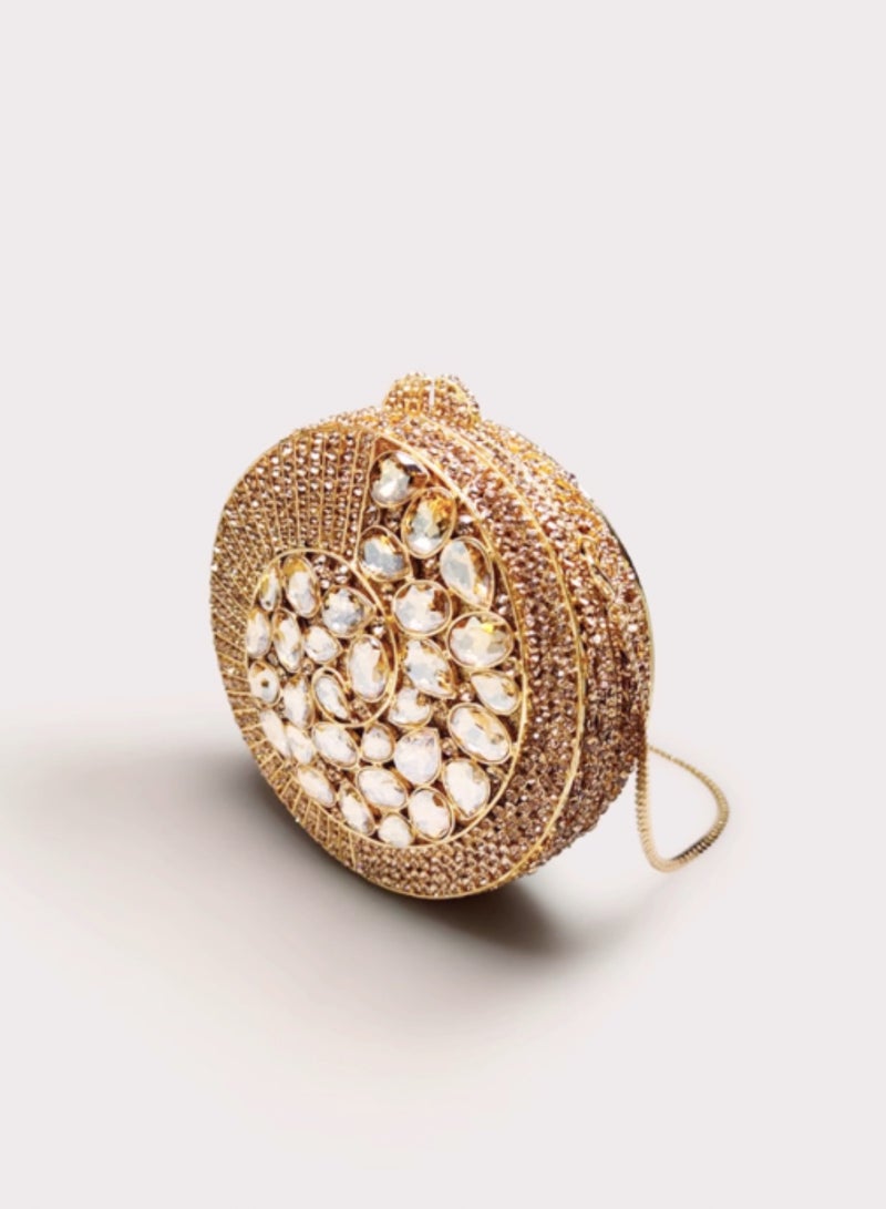 Luxury Teal Crystal Encrusted Conchos Small Round Bag Gold Super Glitter Evening Clutch Bag Party Bag  - Image 1