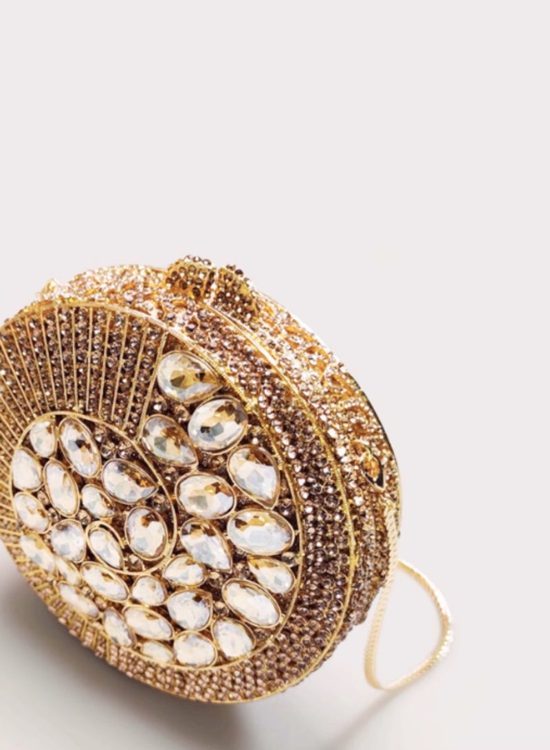 Luxury Teal Crystal Encrusted Conchos Small Round Bag Gold Super Glitter Evening Clutch Bag Party Bag  - Image 3