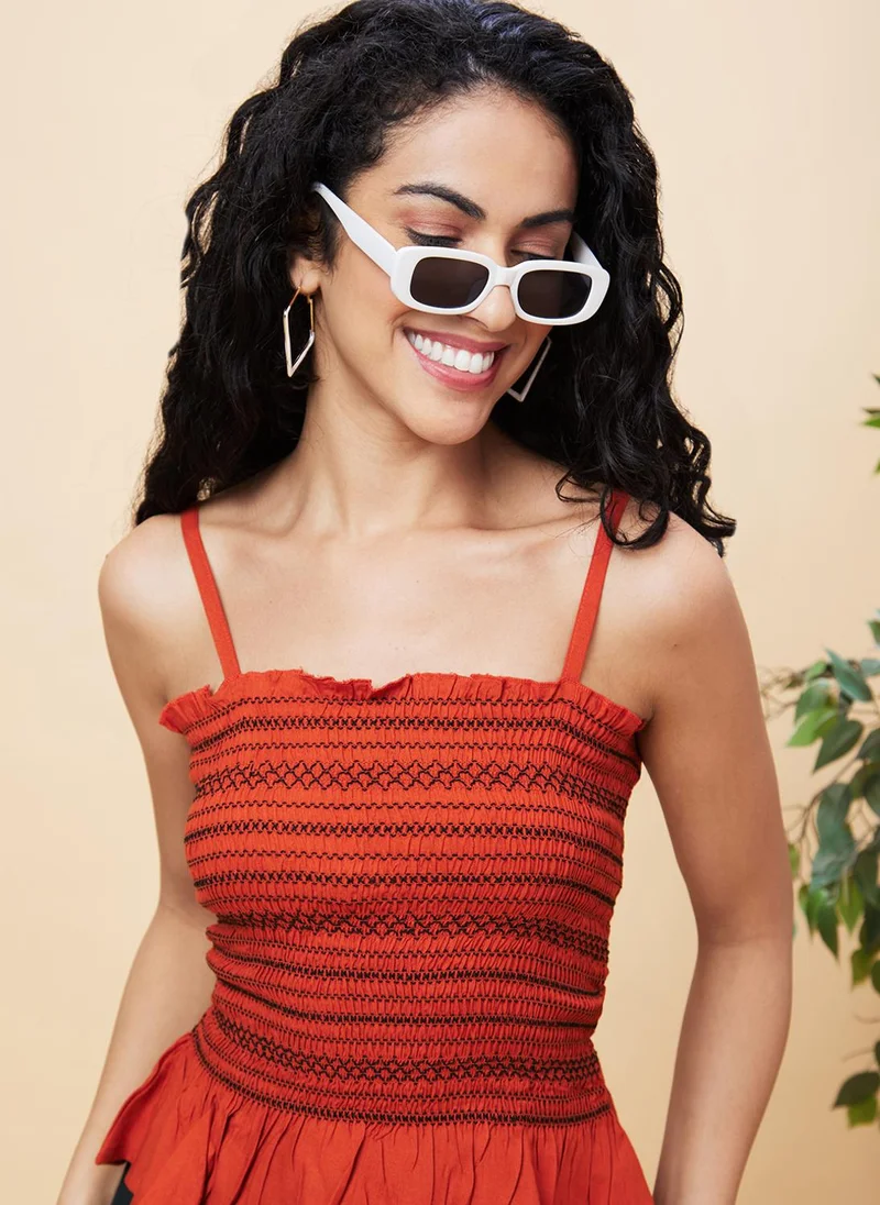 globus Globus Women Striped Shoulder Straps Smocked Fitted Top