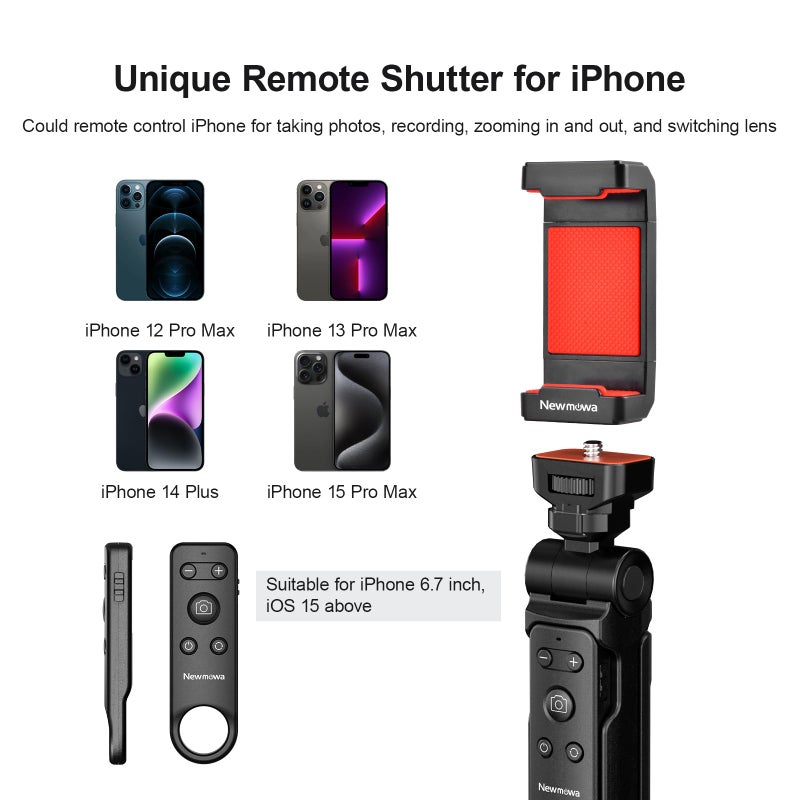 Newmowa Phone Remote Shutter Tripod, Foldable Tripod with Detachable Wireless Remote Control for iPhone Video Photo Shooting/Zooming/Lens Switching, Compatible with iPhone 6.7 Inch(iOS 15 Above) - Image 3