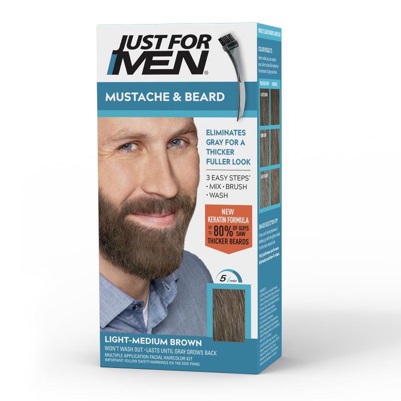 Just For Men Mustache & Beard, Beard Coloring for Gray Hair with Brush, with Keratin Biotin Aloe and Coconut Oil for Healthy Facial Hair - Light-Medium Brown, M-30, Pack of 1 (Packaging May Vary) - Image 1