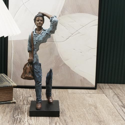 Newmyth Decorative Traveler Figurine Abstract Art Sculpture Voyageurs in Blue Denim with Brown Bag 984 inch Height Blue - Image 1
