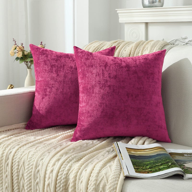 Jeneoo Decorative Fuschia Pink Throw Pillow Covers Rustic Farmhouse Super Soft Square Chenille Comfy Solid Cushion Couch Cases for Sofa Bedroom Chair (Set of 2, 18 x 18 Inches) - Image 2