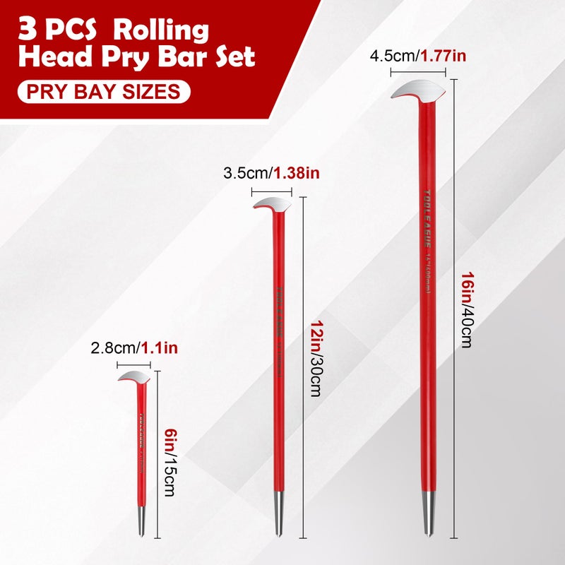 TOOLEAGUE 3Pcs Rolling Head Pry Bar Set,6",12",16" Heavy Duty Pry Bars Hand Tool for Garages,Machinery Aligning & Prying, Red - Image 3