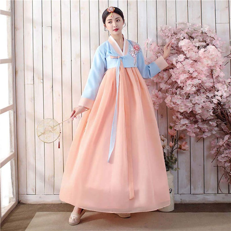 StarDY Female Korean Hanbok Traditional Dress Palace Korea Wedding Dance Costume Oriantal Dae Jang Geum Costume For Stage (L, Blue+Pink) Peru Large AL8-10-68 - Image 4
