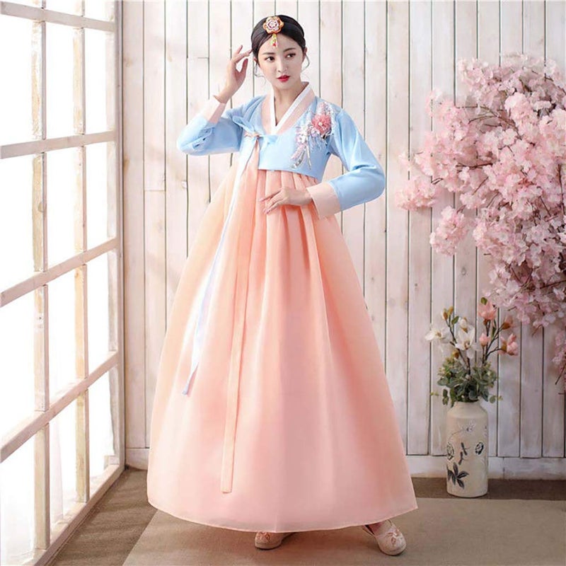 StarDY Female Korean Hanbok Traditional Dress Palace Korea Wedding Dance Costume Oriantal Dae Jang Geum Costume For Stage (L, Blue+Pink) Peru Large AL8-10-68 - Image 3