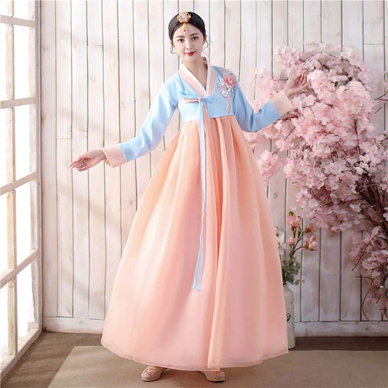 StarDY Female Korean Hanbok Traditional Dress Palace Korea Wedding Dance Costume Oriantal Dae Jang Geum Costume For Stage (L, Blue+Pink) Peru Large AL8-10-68 - Image 2