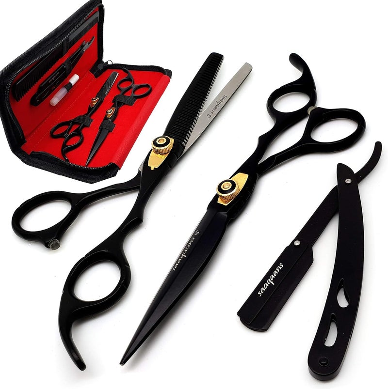 Saaqaans MSS-01 Stylish Hairdressing Scissors Set - Hair Cutting Scissor for Barber/Hairdresser/Hair Salon + Texture/Thinning Haircut Shear for Beautician + Straight Edge Razor + 10 Blades with Case - Image 1
