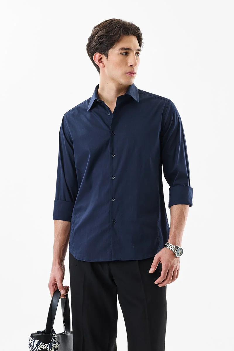 SNITCH Navy Blue Solid Long Sleeve Slim Fit Formal Shirt