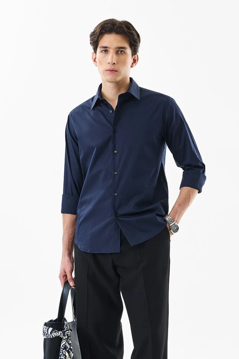 SNITCH Navy Blue Solid Long Sleeve Slim Fit Formal Shirt