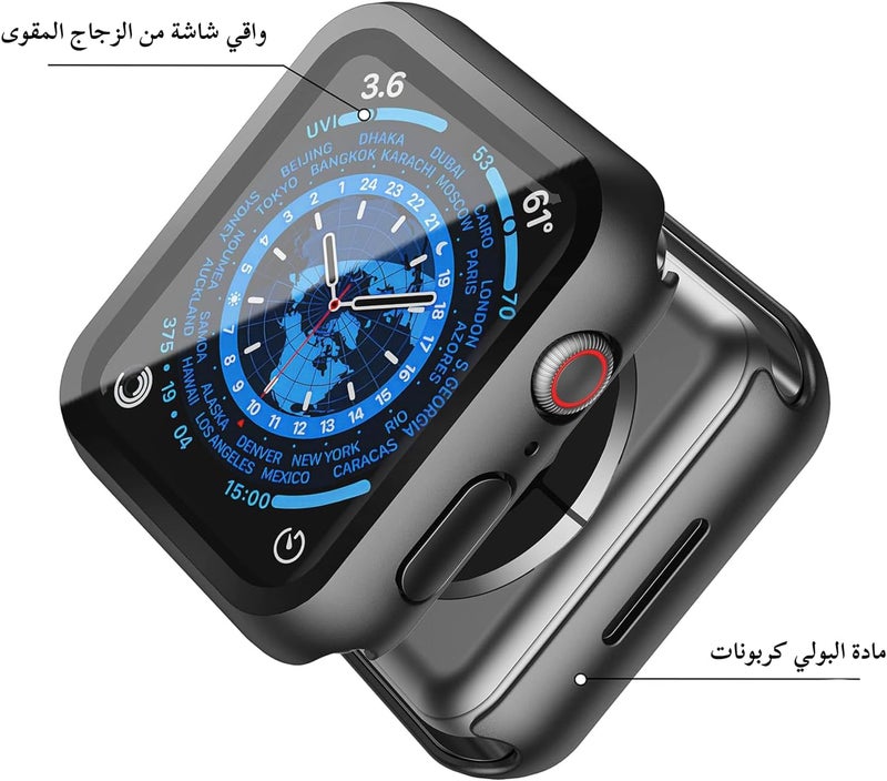 ميسكسي [عبوة من 2] غطاء صلب أسود مع واقي شاشة زجاجي مقسى لساعة Apple Watch، غطاء واقي فائق النحافة ومقاوم للخدش لساعة iWatch، متوافق مع ساعة Apple Watch Series 9 Series 8 Series 7 مقاس 45 مم - Image 3
