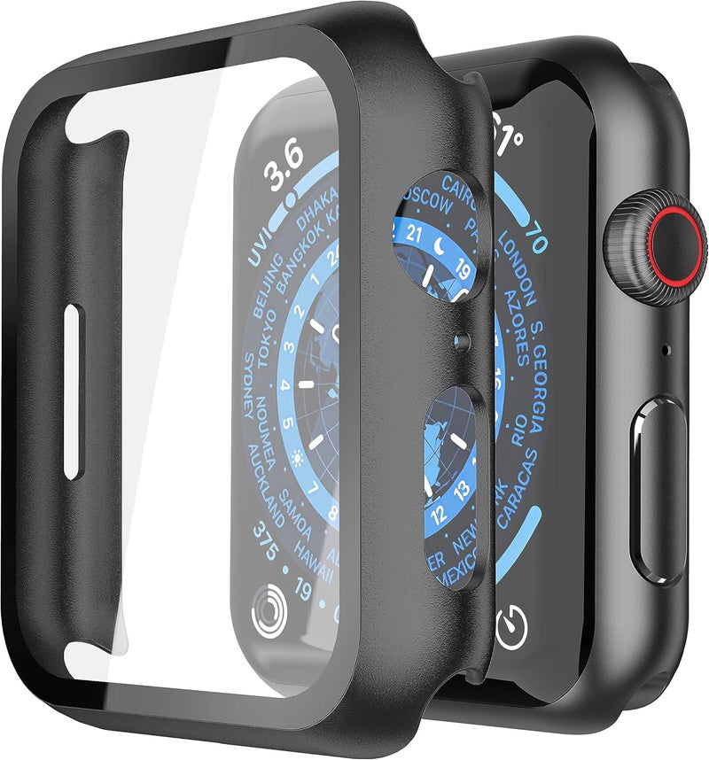 ميسكسي [عبوة من 2] غطاء صلب أسود مع واقي شاشة زجاجي مقسى لساعة Apple Watch، غطاء واقي فائق النحافة ومقاوم للخدش لساعة iWatch، متوافق مع ساعة Apple Watch Series 9 Series 8 Series 7 مقاس 45 مم - Image 1