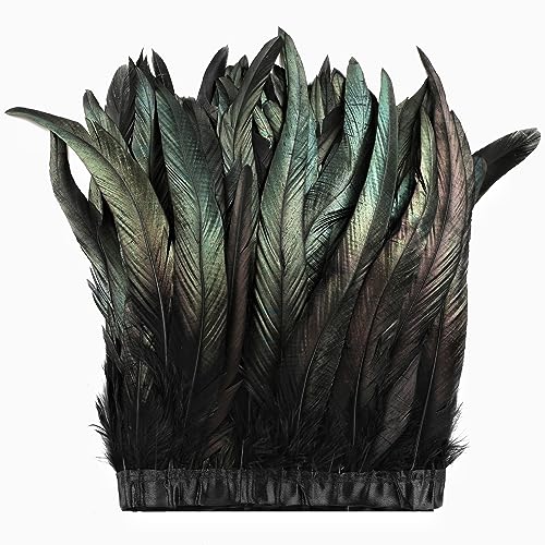 Holmgren Black Rooster Feather Trim - 10-12inch 2 Yards Natural Large Rooster Tail Feathers Fringe Trim for DIY Sewing Crafts, Feather Dress, Cape Shawl, Wings, Halloween Costumes Decoration (Black) - Image 1