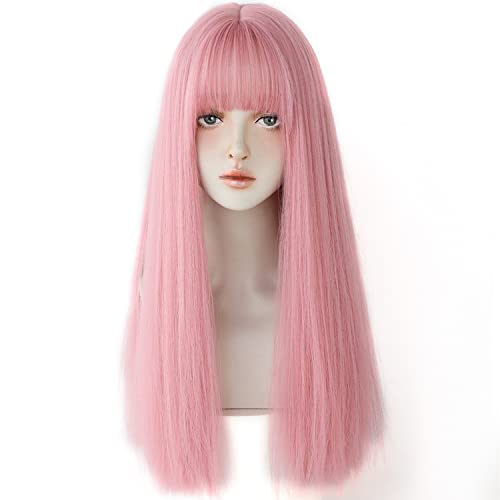 7JHH WIGS Light Pink Wig With Bang Straight Wig For Women Synthetic Neon Pink Wig Colorful Cosplay Wigs For Party And Daily Use23 Light Pink - Image 3
