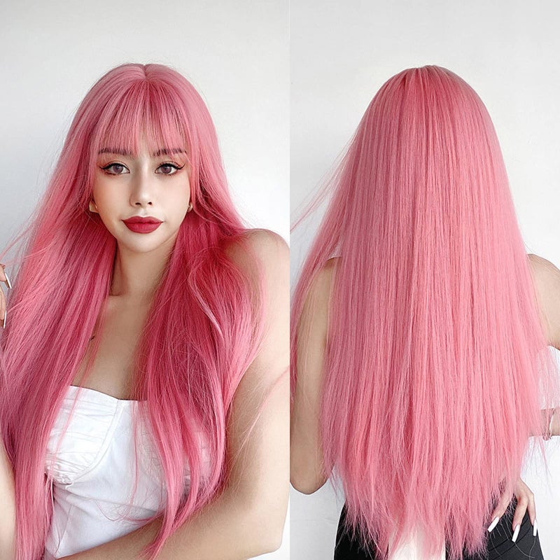 7JHH WIGS Light Pink Wig With Bang Straight Wig For Women Synthetic Neon Pink Wig Colorful Cosplay Wigs For Party And Daily Use23 Light Pink - Image 2