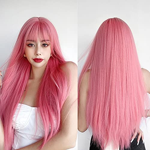7JHH WIGS Light Pink Wig With Bang Straight Wig For Women Synthetic Neon Pink Wig Colorful Cosplay Wigs For Party And Daily Use23 Light Pink - Image 1