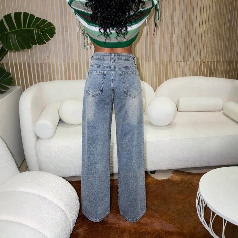 Women's Rhinestone Stitching Straight Leg Jeans Washed Distressed Metal Button Loose Wide Leg Pants - Image 3