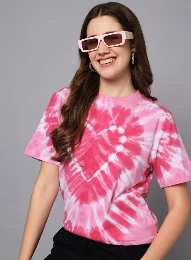 تايك تو تيشيرت قطن نسائي وردي مصبوغ بالرباط من ذا دراي ستيت