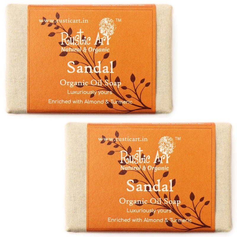 Rustic Art Organic Sandal Soap with Almond  Turmeric  For All Skin Types  Coldprocessed  Cooling  Soothing  For Women  Men  100g Pack of 2 - Image 1