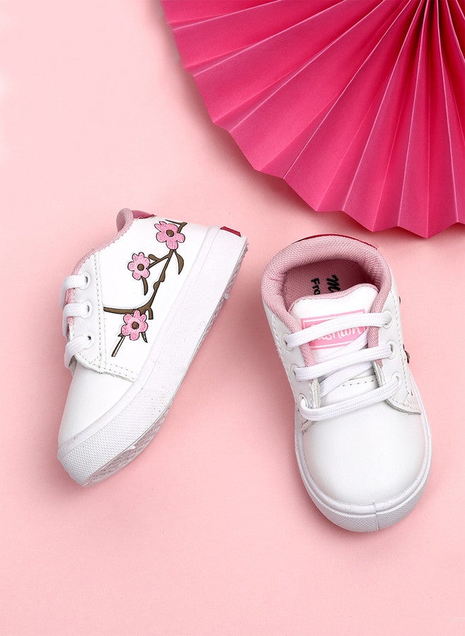 KATS Girls Printed Lightweight Lace-up Sneakers in White and Pink - Image 1