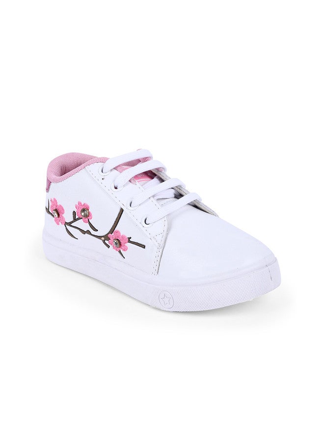 KATS Girls Printed Lightweight Lace-up Sneakers in White and Pink - Image 2