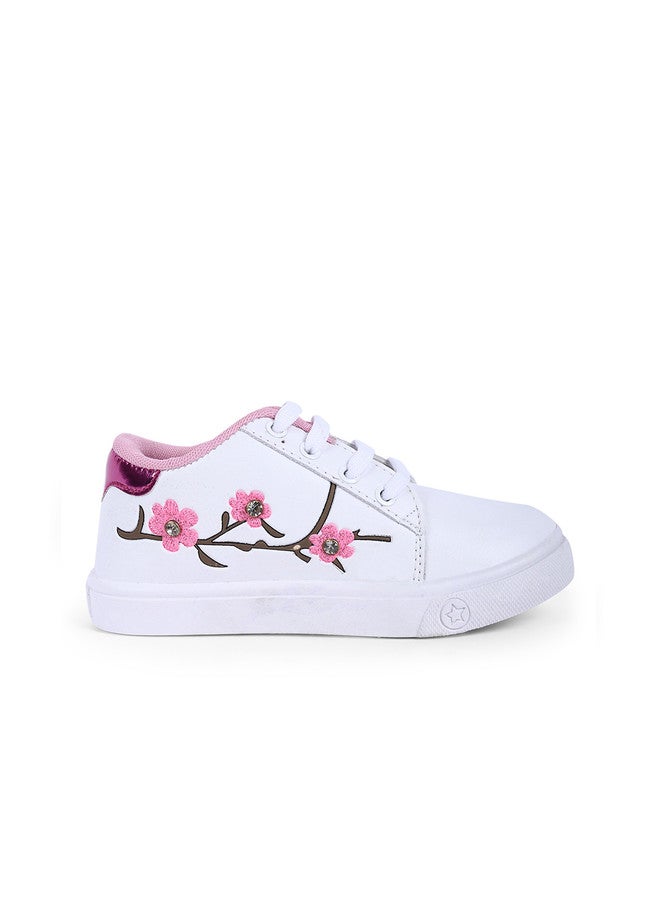 KATS Girls Printed Lightweight Lace-up Sneakers in White and Pink - Image 3
