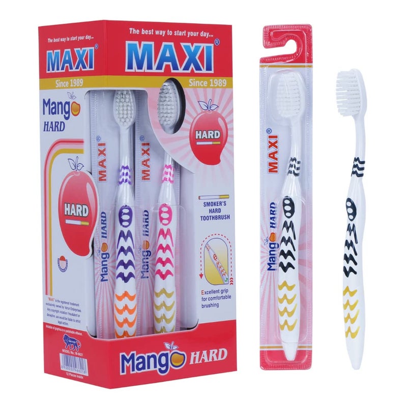 MAXI Mango Hard Bristles Toothbrush, Multicolor (Pack of 12) - Image 1