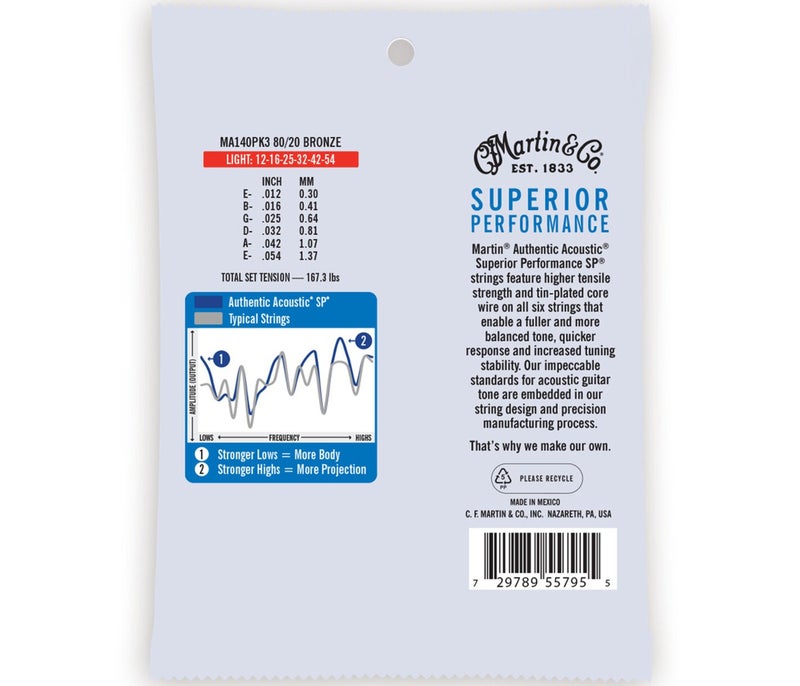 Martin Strings MA140PK3 3-Pack Authentic Acoustic Guitar SP 80/20 Bronze Light - 0.12 - 0.54 - Image 2