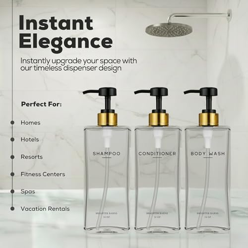 Brighter Barns Clear Shampoo and Conditioner Dispenser Set by Brighter Barns Refillable Plastic Shampoo Conditioner Body Wash Dispenser Empty Pump Bottles for Body Wash Minimalist Bathroom Decor Gifts Clear - Image 3