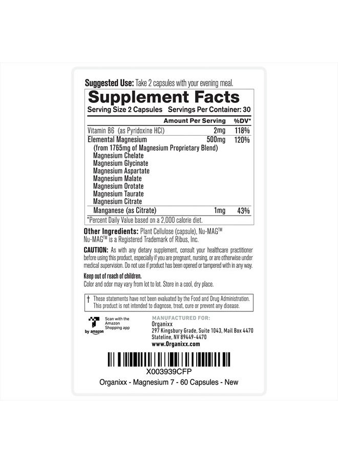 Magnesium Supplement, Natural Calm Magnesium Capsules for Sleep Support, Muscle Recovery, with Vitamin B6 and Manganese Citrate and Glycinate, High Absorption, Vegan, Non GMO (60 Count)