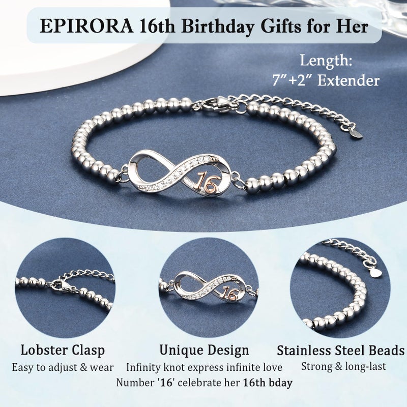 EPIRORA 16th Birthday Gifts for Girls, Infinity Knot Stainless Steel Beaded Charm Number Bracelets Gift for Daughter Sister Granddaughter Niece, 16 Years Old Birthday Decorations Trendy Stuff - Image 3