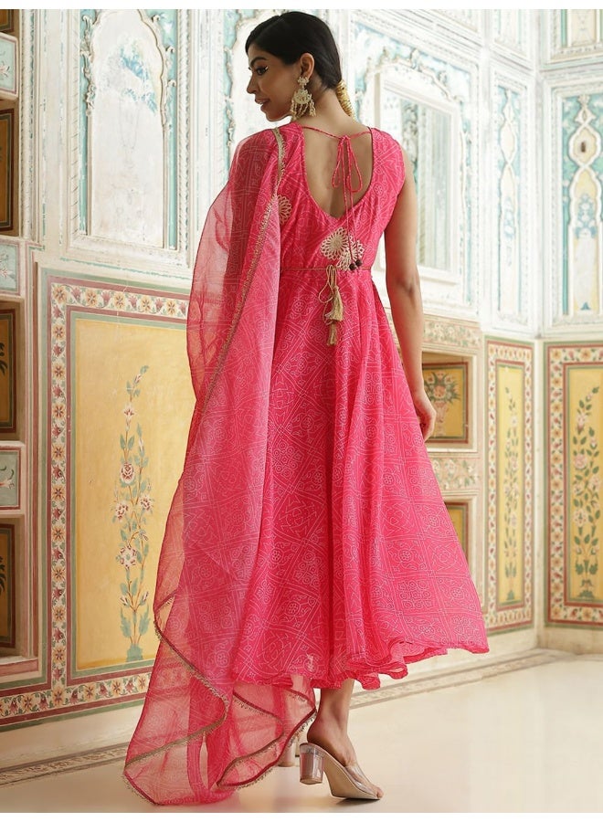 AKS Pink Georgette Bandhani Printed Anarkali & Pant With Dupatta - Image 5