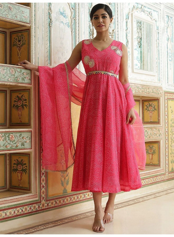 AKS Pink Georgette Bandhani Printed Anarkali & Pant With Dupatta - Image 1