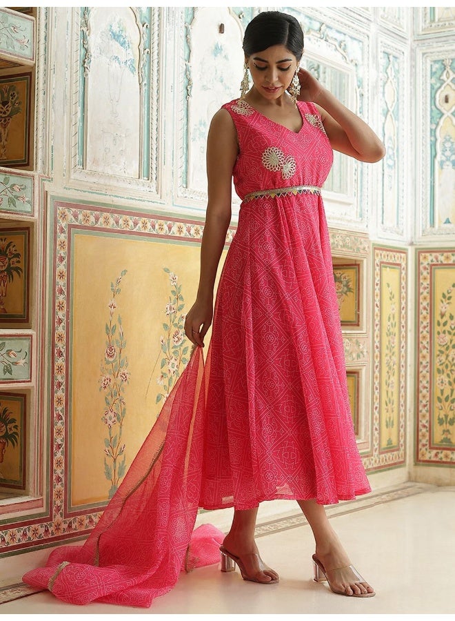 AKS Pink Georgette Bandhani Printed Anarkali & Pant With Dupatta - Image 3