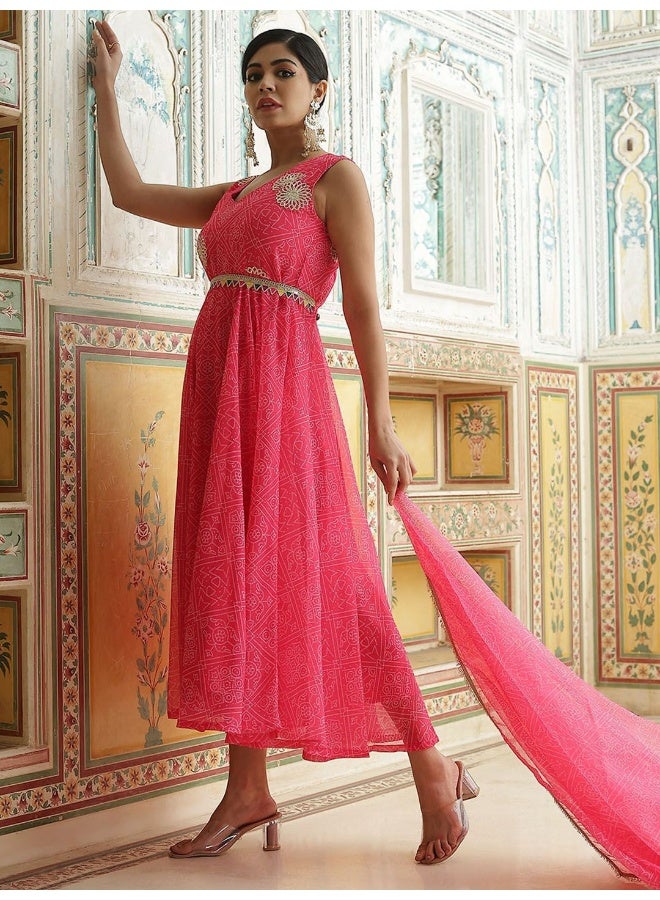 AKS Pink Georgette Bandhani Printed Anarkali & Pant With Dupatta - Image 4